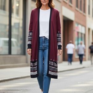 Valerie Stevens Open Long Duster Cardigan Knit Sweater Women’s Size S Burgundy